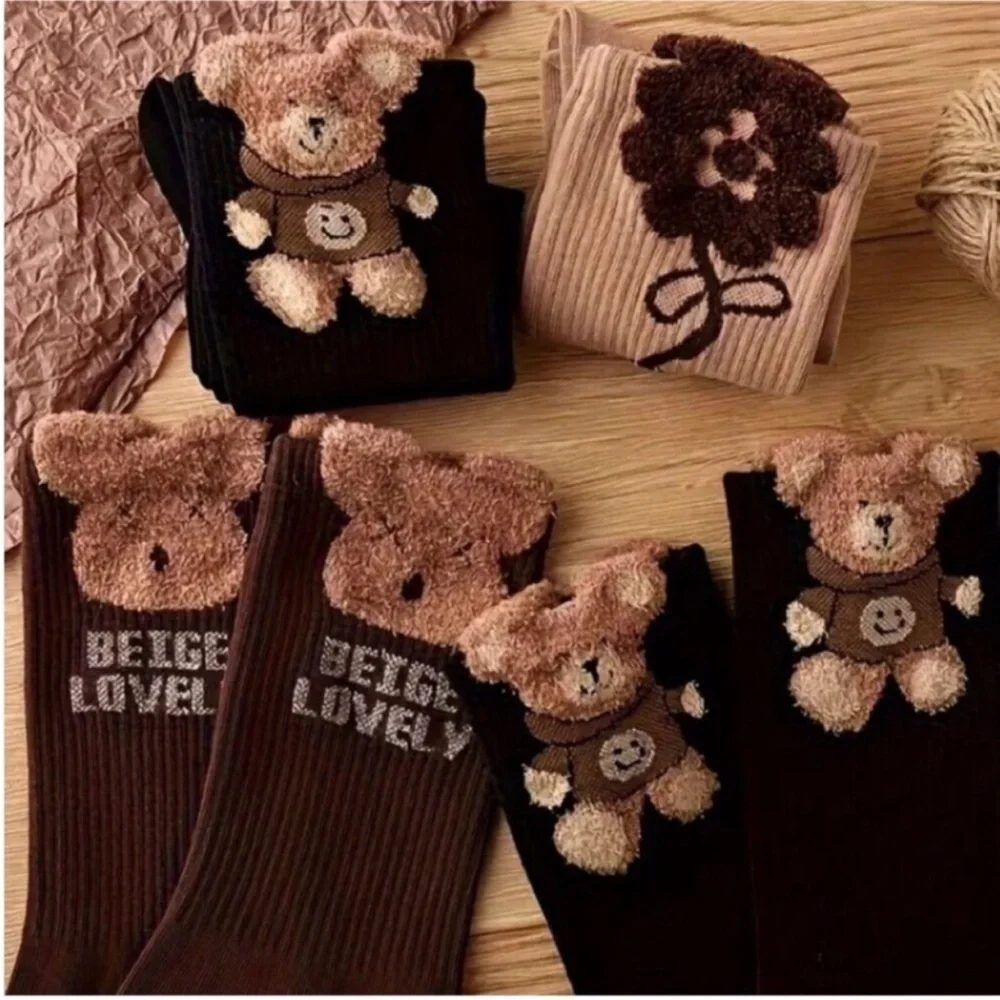 Women's Socks & Hosiery 3 Pairs Teddy Bear Print Socks Comfy Cute Mid Tube Socks